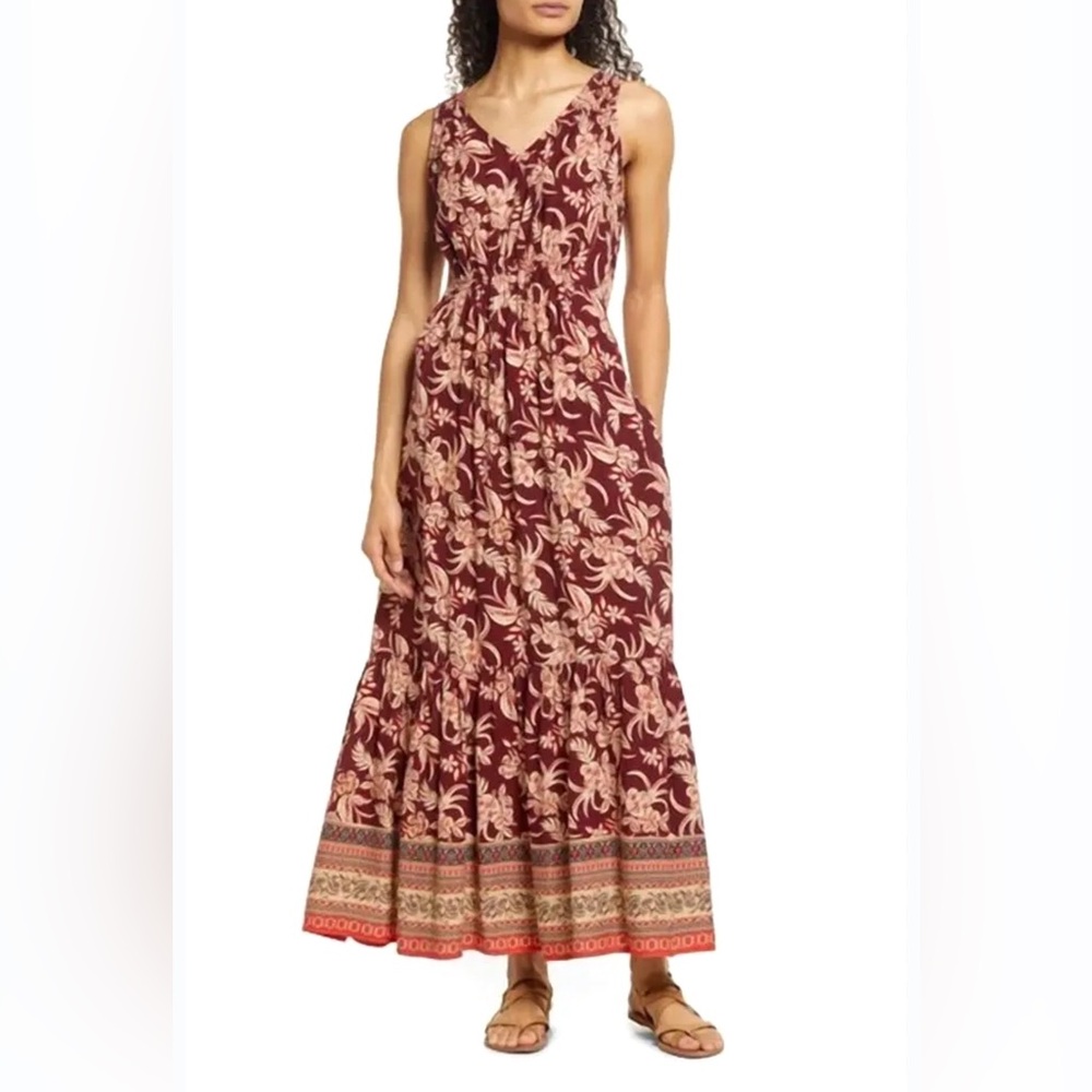 beachlunchlounge boho whimsy Maroon and Beige Floral Maxi Dress medium